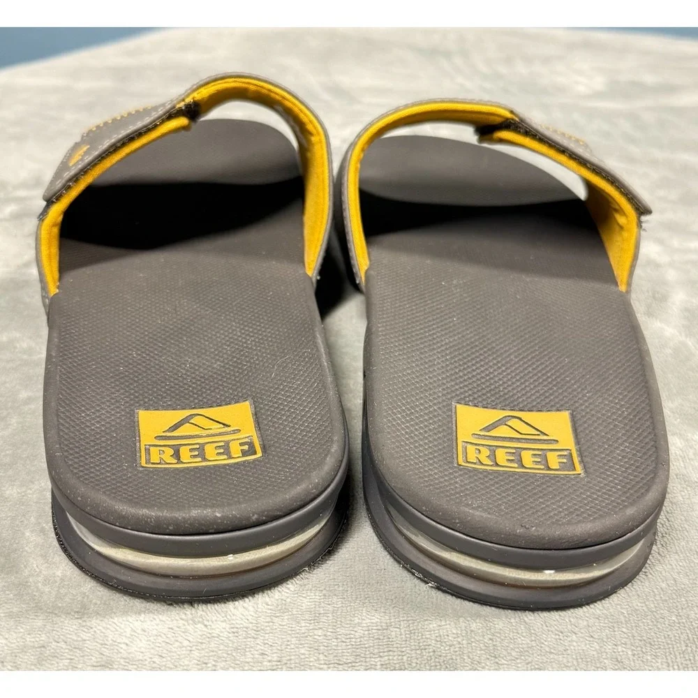 Reef Fanning Slide Sandals Mens 12 Gray Yellow Bottle Opener Slides